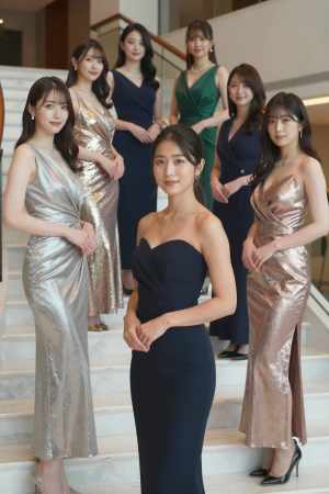 ドレス姿で高級ラウンジ入り口に立つ美女たち