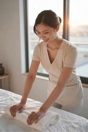 ユニフォーム姿でスパにくつろぐ美女