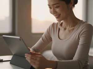 寝室でスキンケア記録をタブレットに