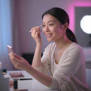寝室でアイシャドウを塗る女性