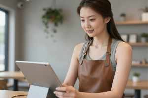 モダンカフェで予約を確認する女性