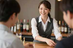 バーで客と談笑するバーテンダー