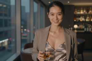 ラウンジでシャンパンを手にする美しい女性