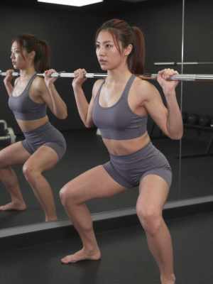 鏡越しのバーベルスクワットをする女性