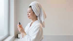 窓辺で佇むバスローブの女性