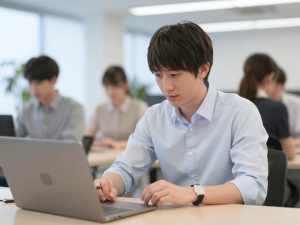 オフィスでデータ分析する男性