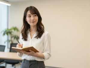 会議でメモを取る女性