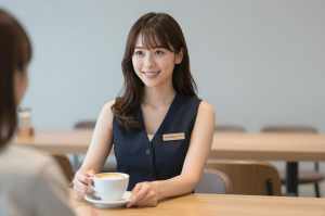 カフェで接客する女性店員