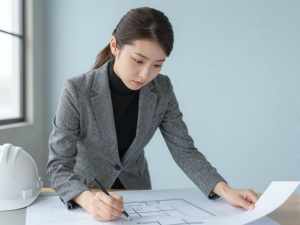 設計図を読み込む女性建築家