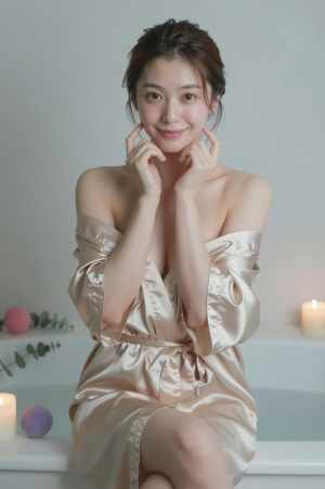 バスタイムで輝く肌を見せる女性