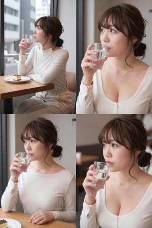 カフェとブラウスのポートレート素材