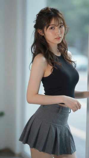 窓辺でポーズをとる若き女性のポートレート写真