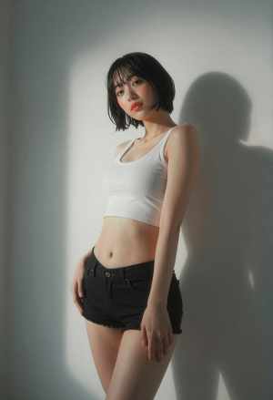 白Tシャツと黒ショートパンツの若き女性の室内ポートレート