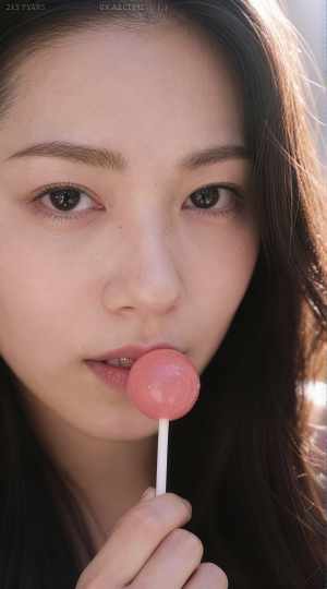 ピンクのキャンディを口にくわえた若き女性のポートレート
