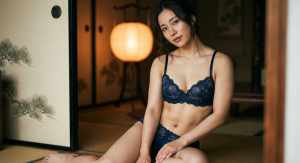 和室で着下着を披露する美女のポートレート