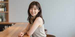 カフェで微笑む若き女性のポートレート