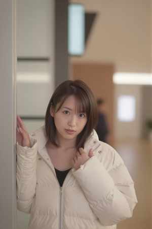 白いダウンジャケットを着た若き女性の室内ポートレート