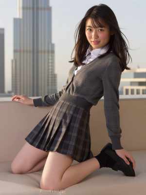 都会の景色を背景にした女子高生ポートレート