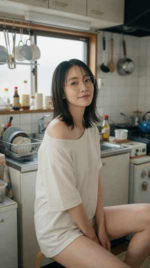 明るいキッチンでリラックスした雰囲気の女性のポートレート