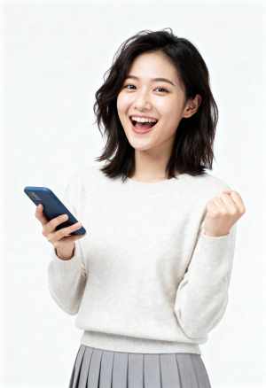 スマートフォンを持った明るい表情の若い女性を正面カメラアングルから写実的に撮影。