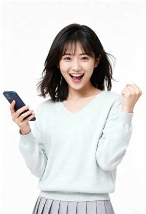 ライトブルーのVネックセーターとグレーのプリーツスカートを着た、右手に携帯電話を持ち...。