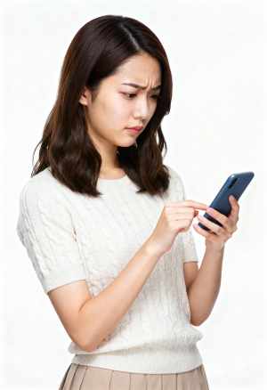 画像の中央に立ち、右手に青いスマートフォンを持ち、心配そうな表情でそれを見下ろしてい...。