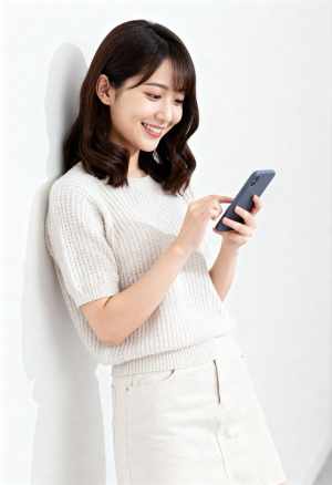 真っ白な壁に立ち、スマートフォンを持ちながら微笑む若い女性を正面カメラのアングルから...。