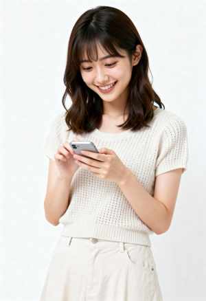 満面の笑みを浮かべながらスマートフォンを使用している若いアジア人女性を正面カメラのア...。