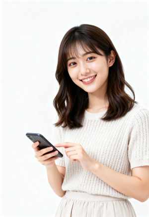 スマートフォンを持ち、カメラに向かって微笑むアジア系の若い女性を、正面カメラのアング...。