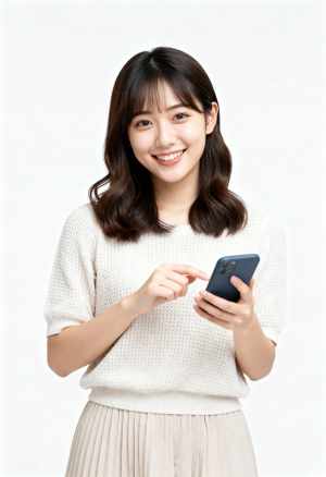 ニットセーターとプリーツスカートを着た若い女性がスマートフォンを持ち満面の笑みを浮か...。