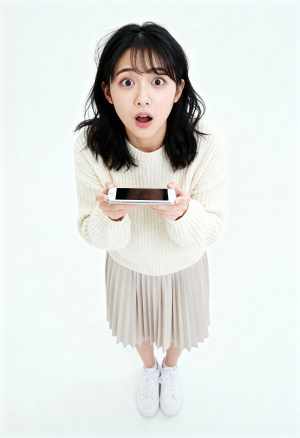 スマートフォンを両手に持ち、驚いた表情でカメラを見つめる若い女性がフレームの中央に立...。