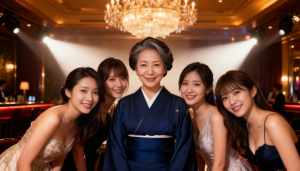 青い着物を着た年配のアジア人女性が画像の中央に立っており、エレガントなイブニングドレ...。