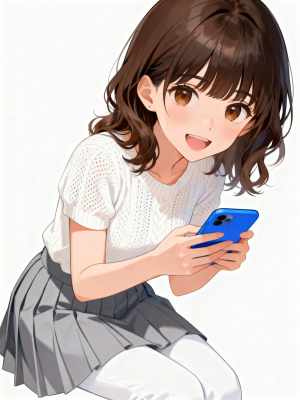 画像の中央に座り、手に青いスマートフォンを持った、短くウェーブのかかった茶色の髪と茶...。