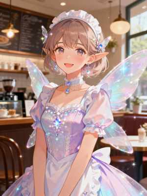 カフェの設定でかわいい妖精の女の子を描いた、フロントカメラアングルからの美しいアニメ...。