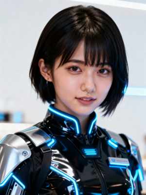 青いアクセントが付いた未来的な黒と銀のボディスーツを着た、短い黒のボブヘアカットの若...。