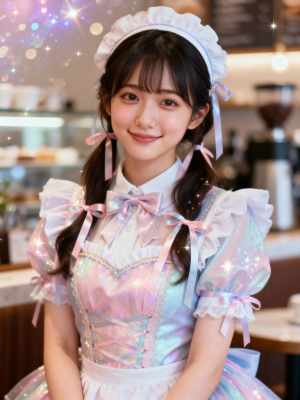 パステルカラーのメイド服を着てカメラに微笑む若い女性をポートレートアングルから写実的に撮影。