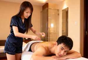 ホテルの一室でリラックスできるマッサージを楽しんでいる若いアジア人のカップルを横から...。