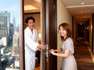 街のスカイラインを望むホテルの部屋でホテルのドアを開ける男性と女性を正面から写実的に...。