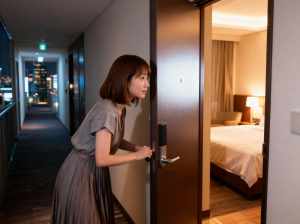 背景の窓から見える街のスカイラインを背景に、夜にホテルの部屋のドアを開ける若い女性を...。