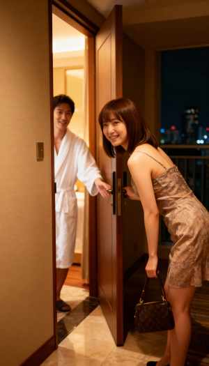 ホテルの部屋に入る若い女性と戸口に立っている男性（二人ともローブを着ている）を横から...。