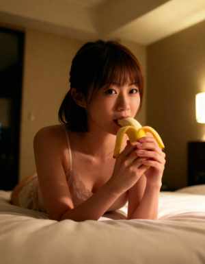 薄暗い部屋でバナナを食べる若い女性を横から撮影した写実的な写真。