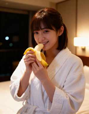 ホテルの部屋で白いバスローブを着た若い女性がバナナを食べる様子を、正面カメラのアング...。