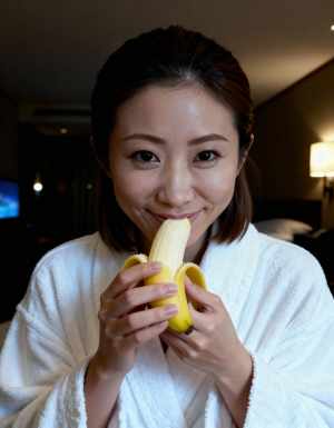 白いバスローブを着た若い女性が口の前にバナナを持ち、カメラに向かって微笑んでいる様子...。