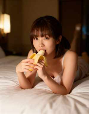 ベッドに横たわり、口の前にバナナを持っている若い女性を横から撮影した写実的な写真。