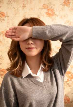 白い襟付きシャツにグレーのセーターを着た若い女性が右手で目を覆っている、正面カメラの...。