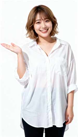 白いボタンダウンシャツと黒いパンツを着て、フレンドリーな笑顔で何かを差し出す若い女性...。