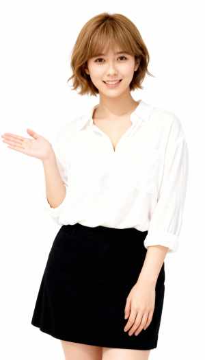 画像の中央に立ち、右手で友好的なジェスチャーを示している若いアジア人女性。