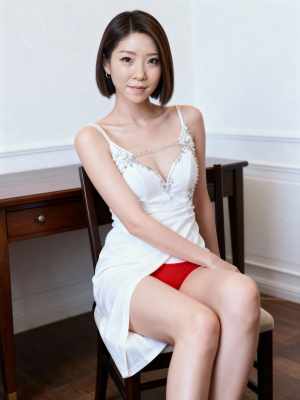 レースのディテールが施された白いドレスを着て、赤いパンティーを履いて木の椅子に座って...。