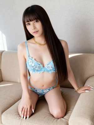 ライトブルーの花柄のランジェリーセットを着てベージュのソファに座っている若い女性を正...。