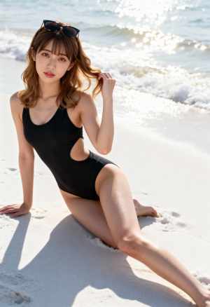 頭にサングラスをかけ、ビーチでポーズをとる黒い水着を着た若い女性を横から撮った写実的な写真。